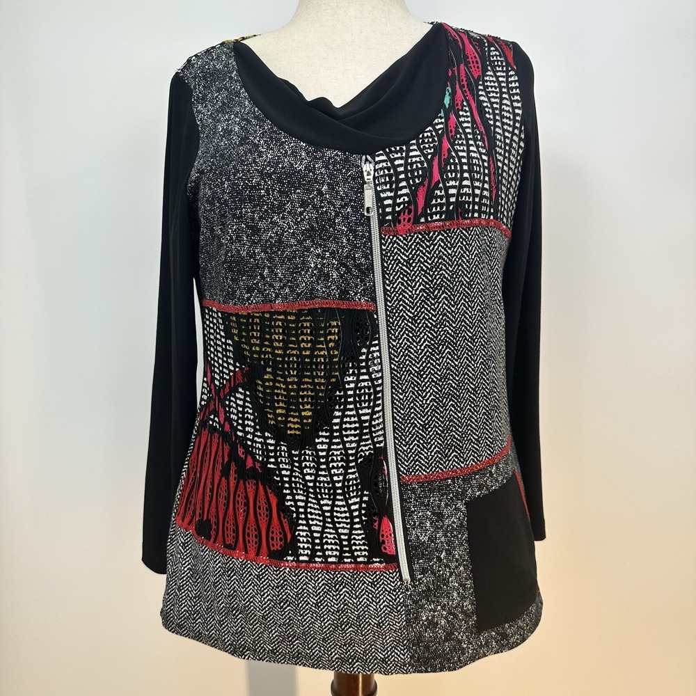 PICADILLY Pull Over Jacket Black Red Gray Black Asymmetric Lagenlook Artsy Sz XL